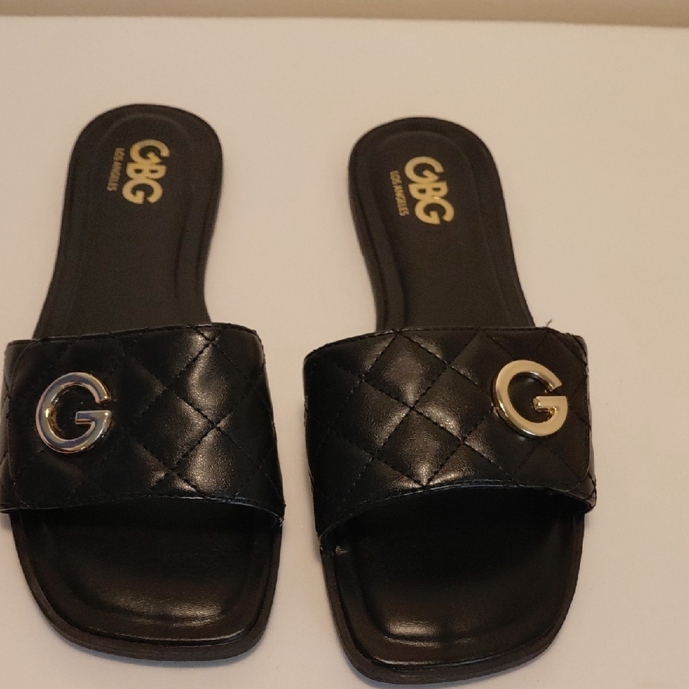 GBG Los Angeles Black Quilted Slide Mules with Gold G Accent